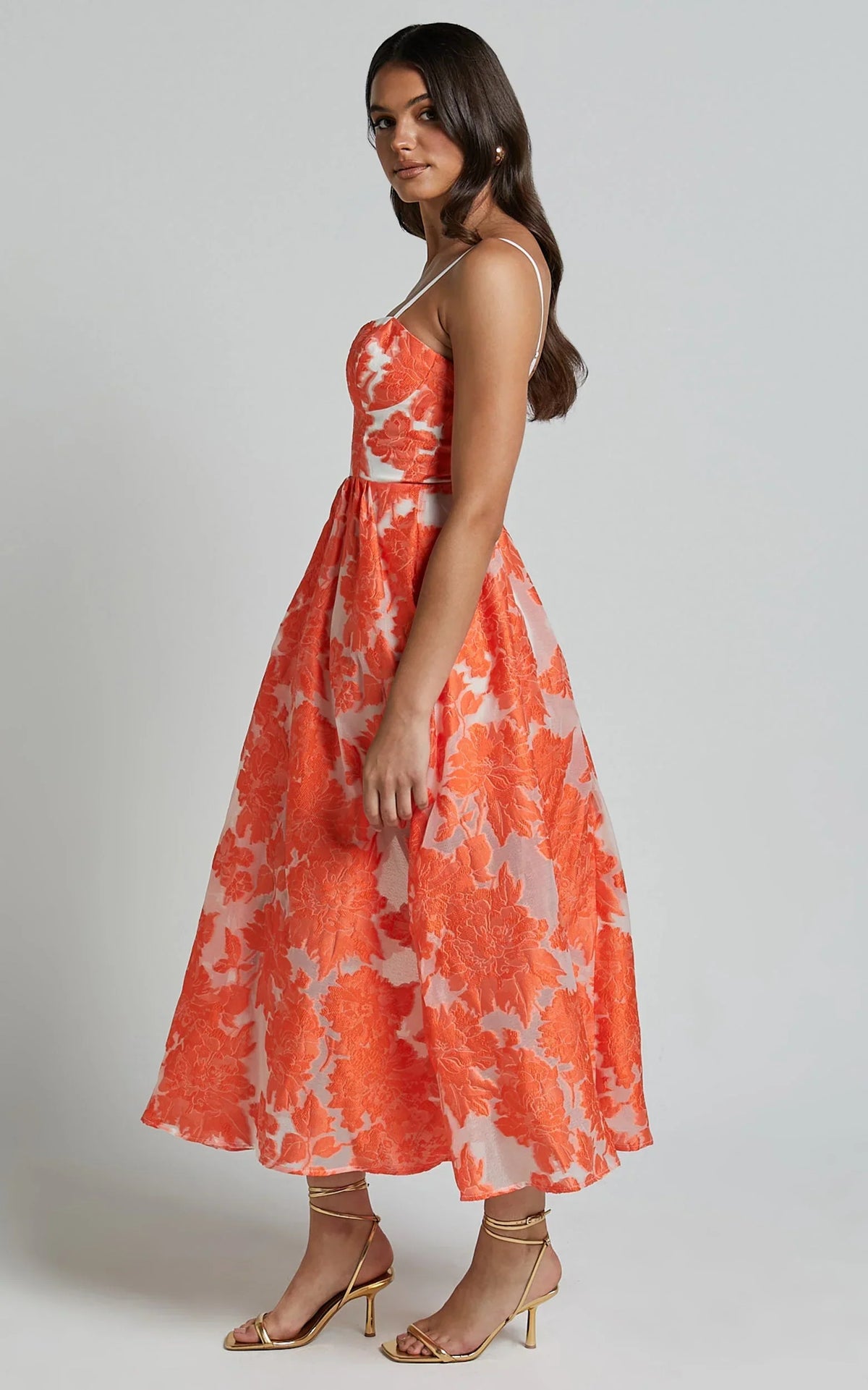 Brailey Midi Dress - Aline Corset Detail Dress in Orange