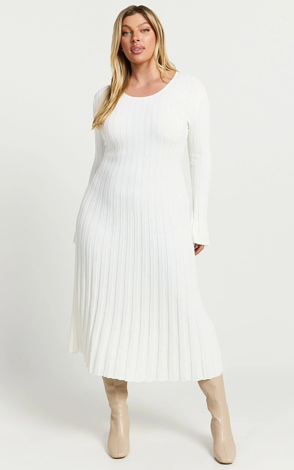 Blaire Midi Dress - Long Sleeve Tie Back Flare Dress in Ivory
