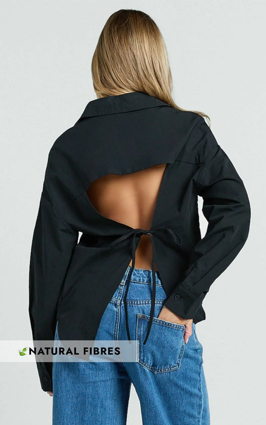 Amaris Top - Long Sleeve Open Back Tie Shirt in Black