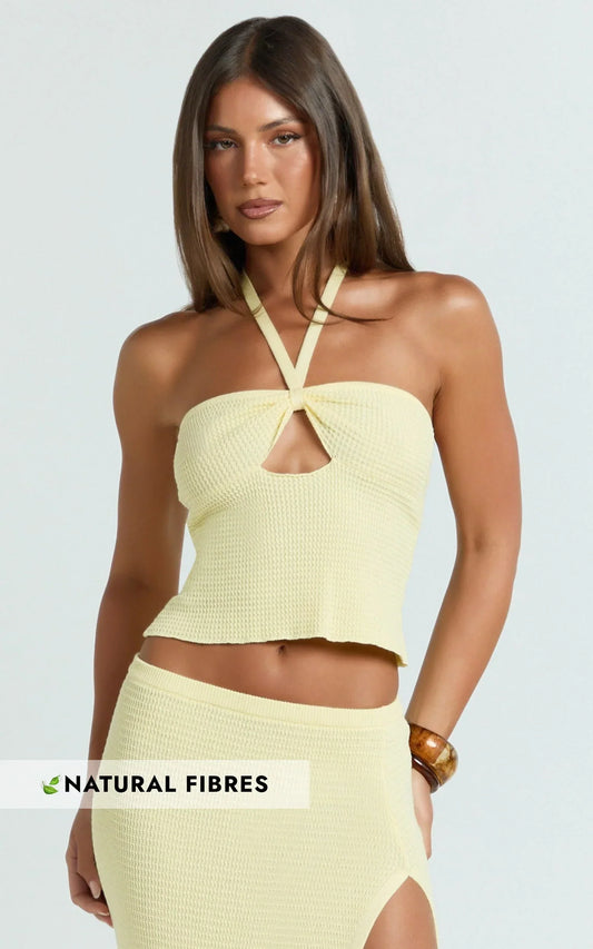 Agnes Top - Halter Neck Cut Out Knitted Top in Lemon