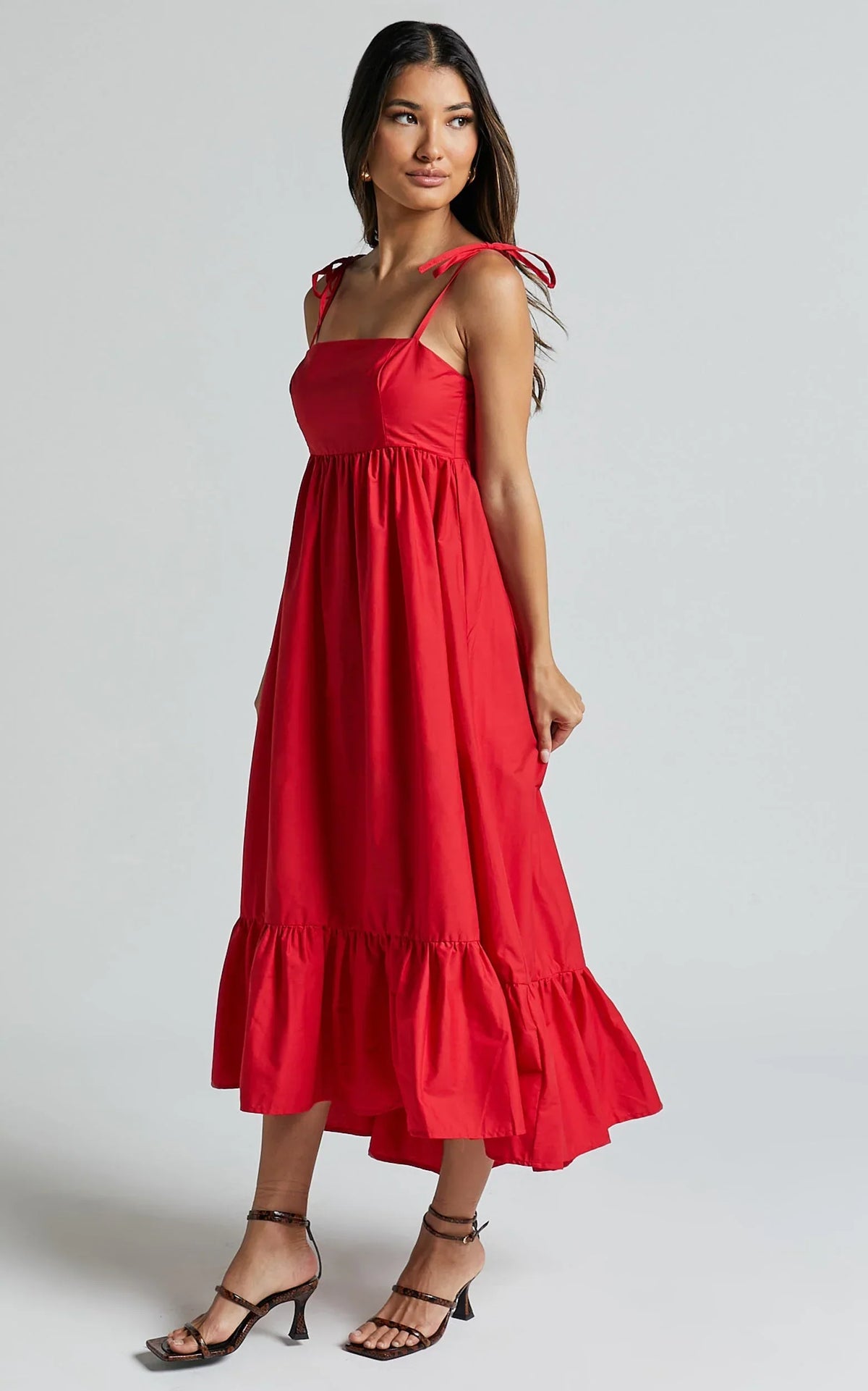 Aveiro Midi Dress - Straight Neck Shoulder Tie High Low Ruffle Hem in Red