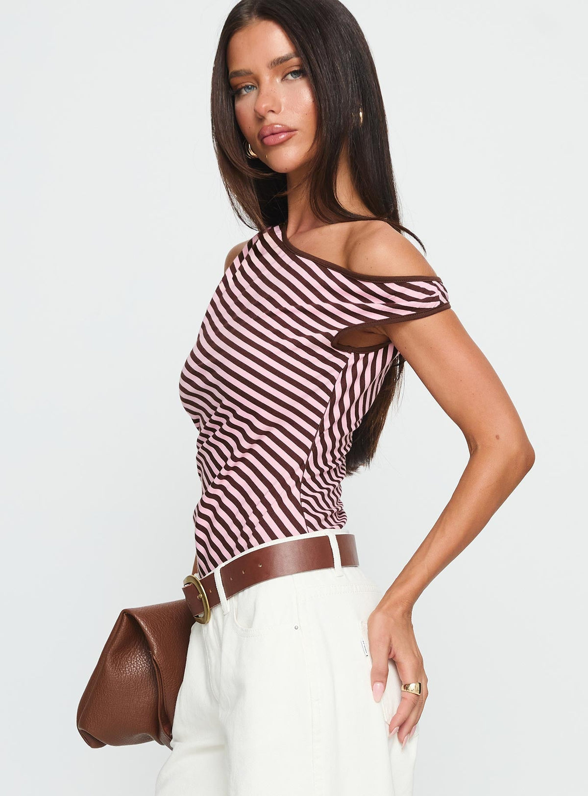 Ayviana One Shoulder Bodysuit Pink / Brown Stripe