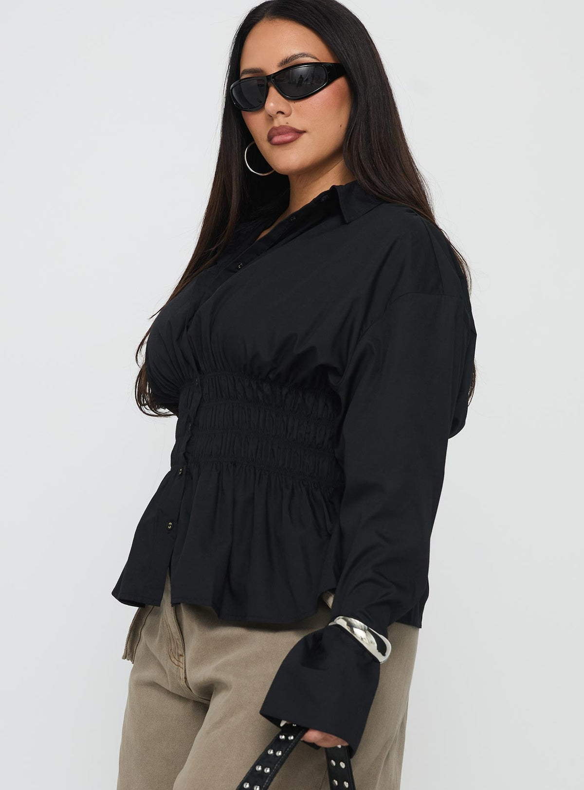 As You Are Shirred Button Up Top Black Curve