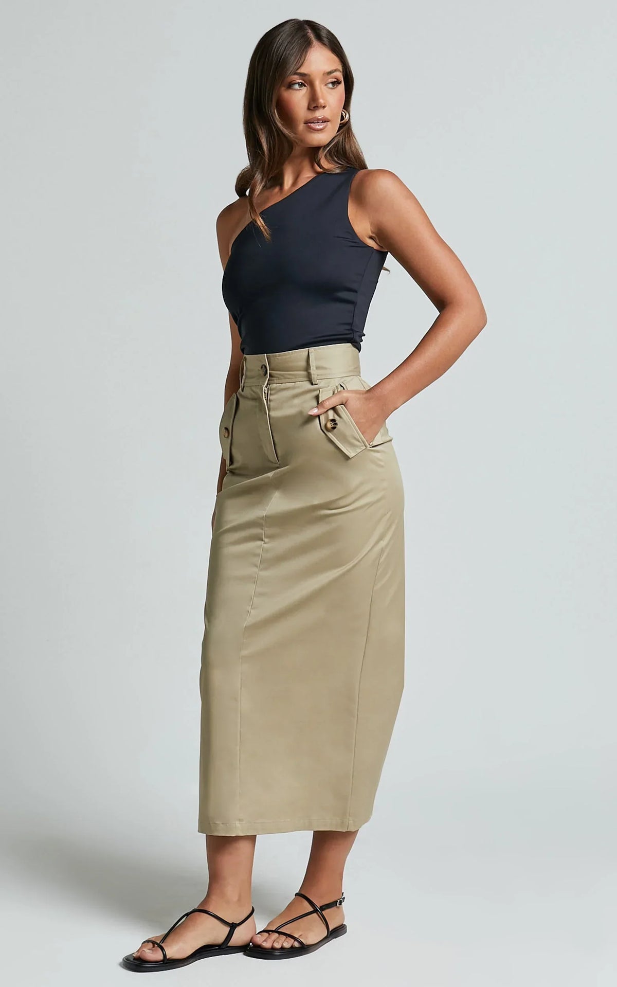 Anna Midi Skirt - High Waisted Cargo in Sand