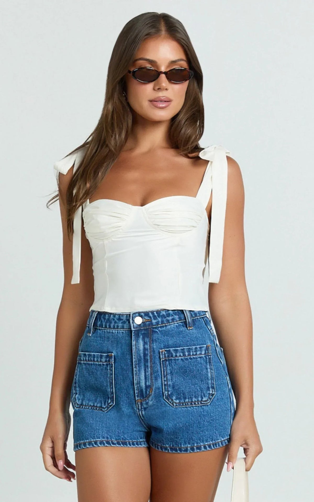Avril Shorts - High Waisted Recycled Denim Patch Pocket Micro Shorts in Mid Blue Wash