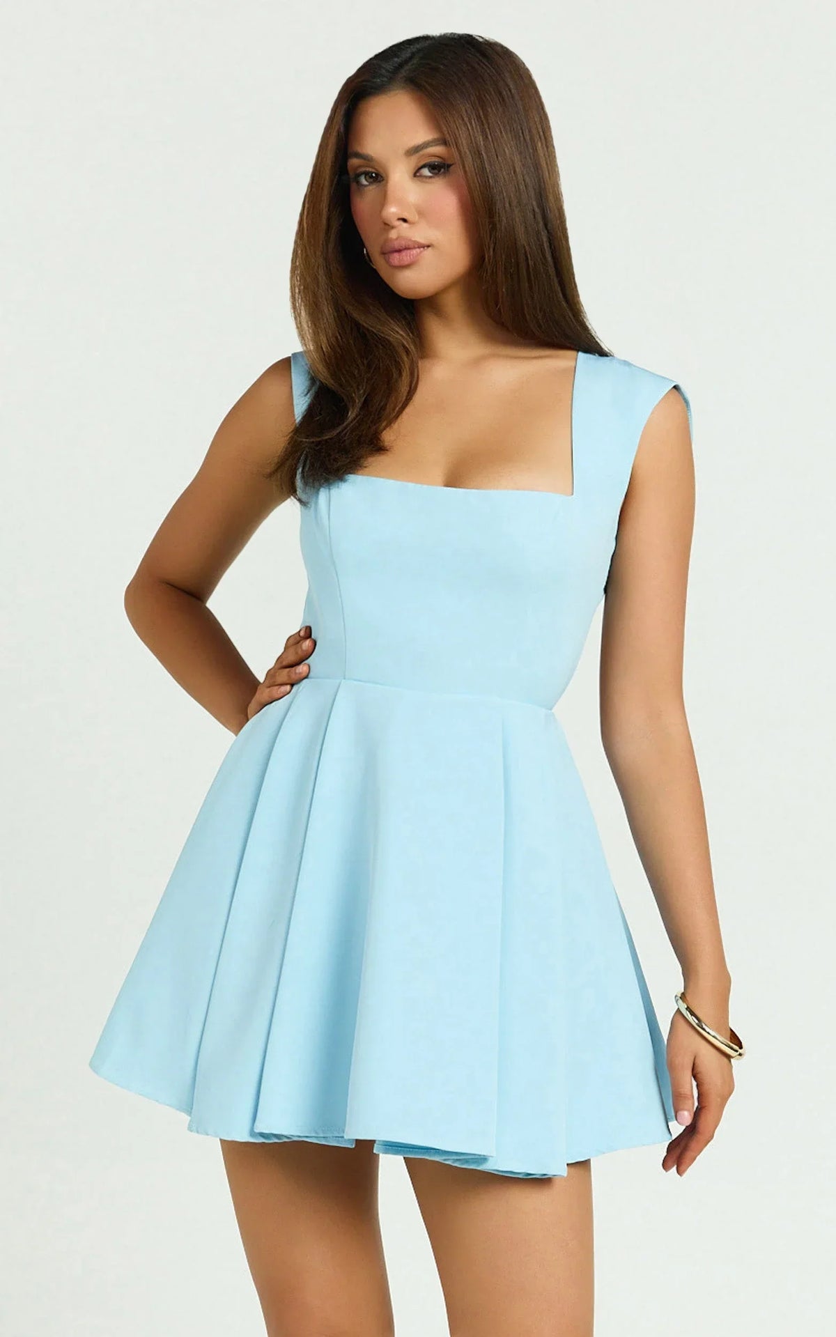 Adira Mini Dress - Square Neck Corset Bodice Pleat Skirt Backless Dress in Blue