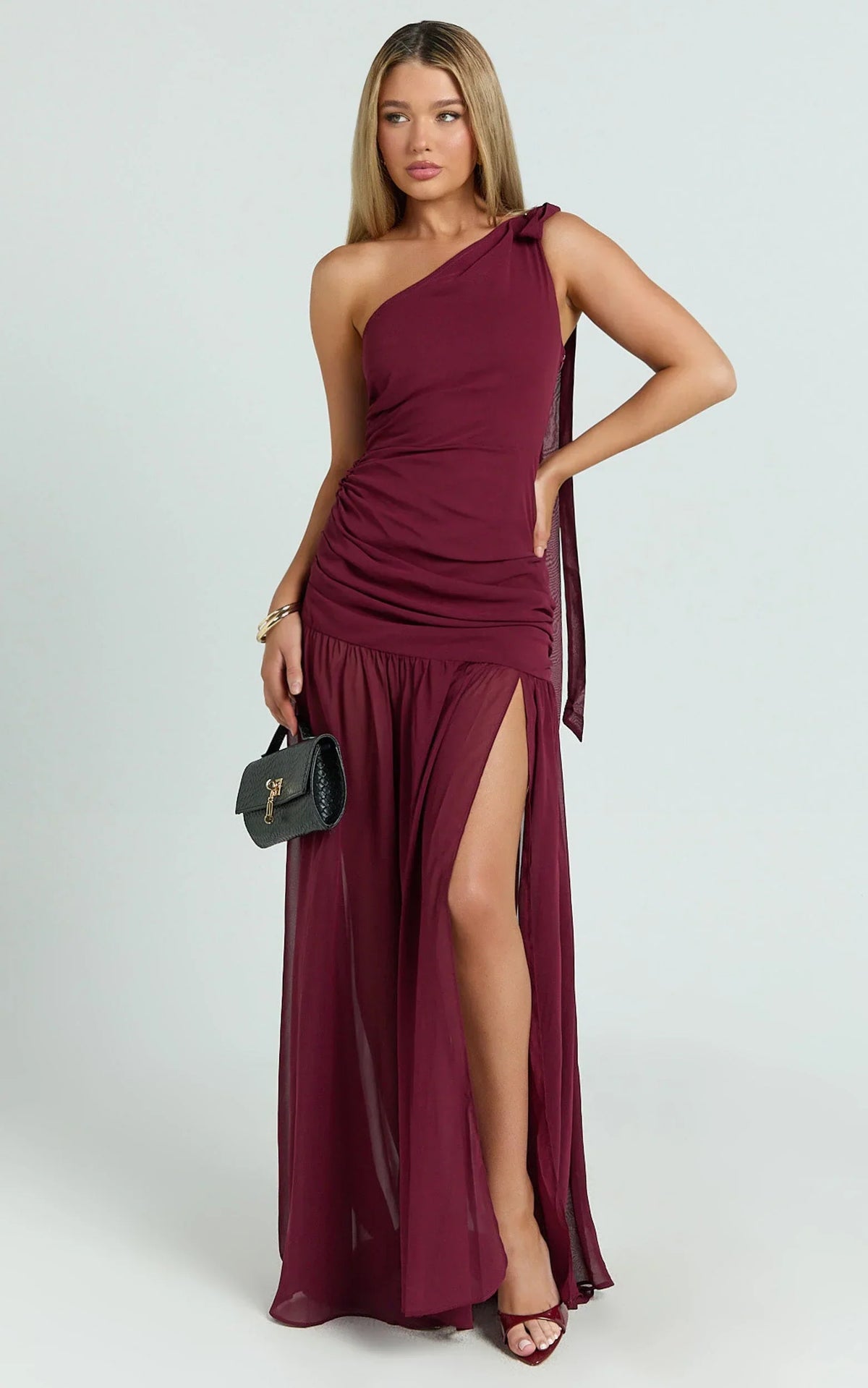 Behati Maxi Dress - One Shoulder Cut Out Fit And Flare Dress in Wine