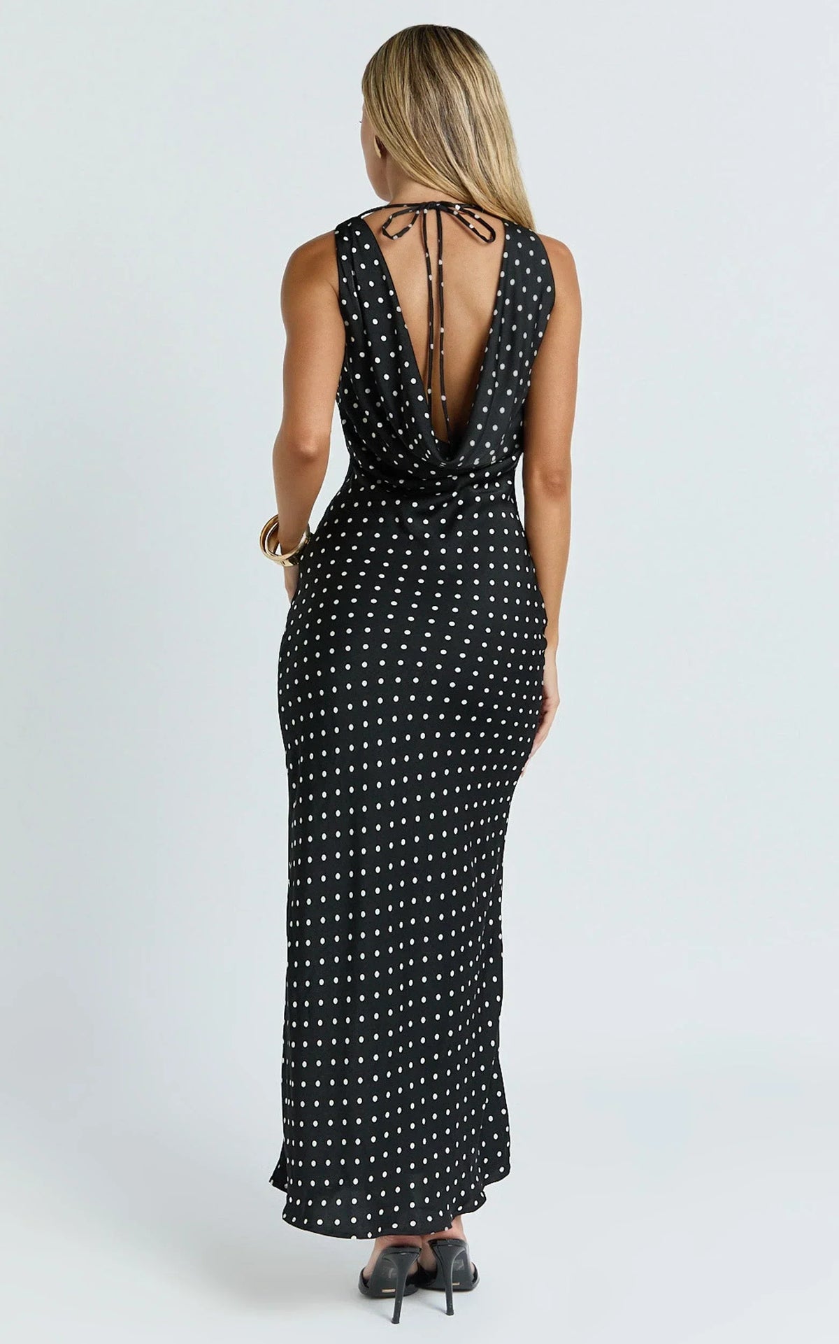 Blanca Maxi Dress - Cowl Neck Bias Cut Dress in Black Polka Dot