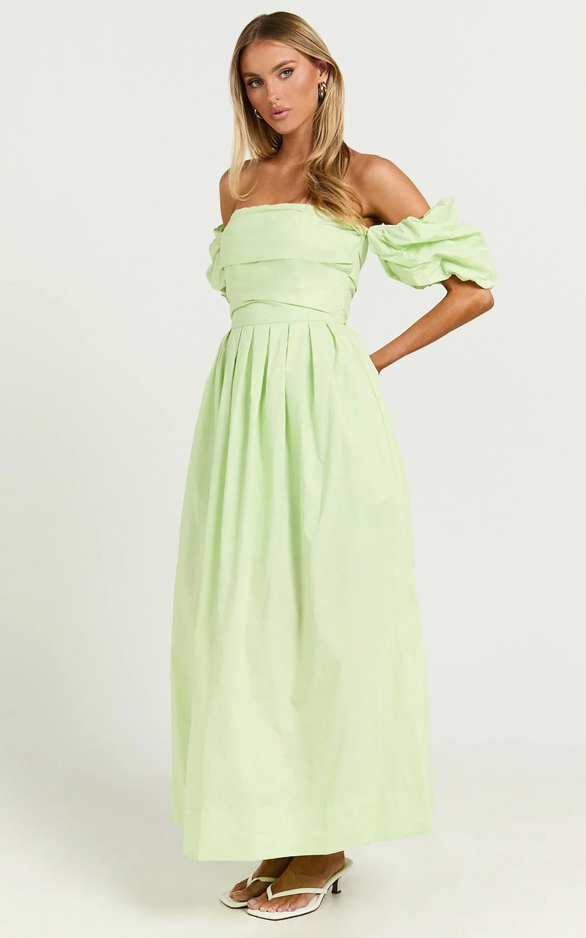 Annie Midi Dress - Off The Shoulder Ruffle Sleeve Pleated Dress in Lime