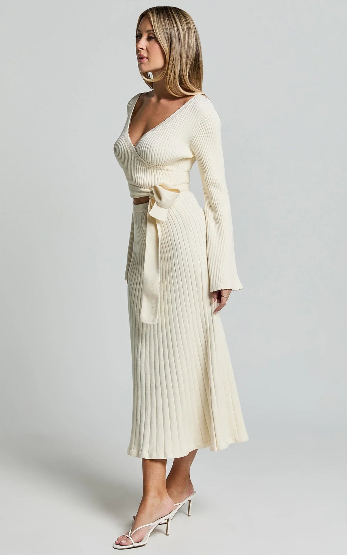 Andreia Midi Dress - Knitted Wrap Long Sleeve Dress in Cream