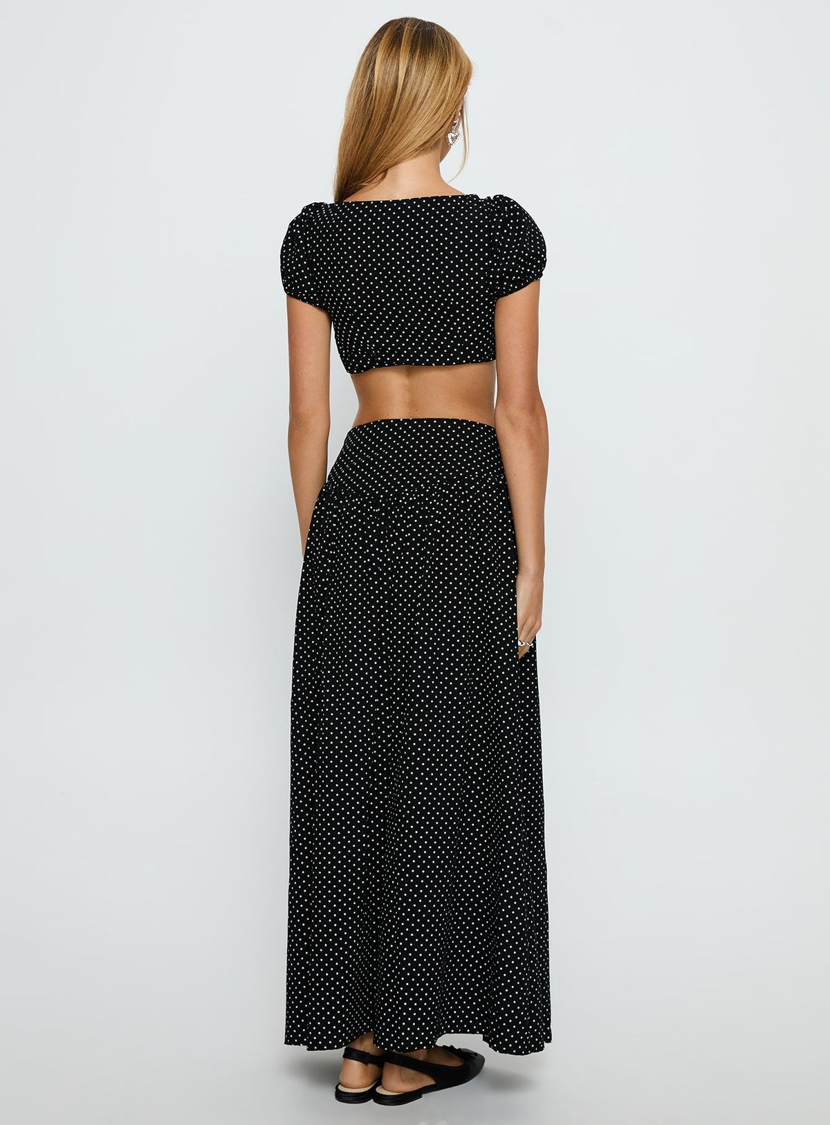 Alletta Drop Waist Maxi Skirt Black Polka