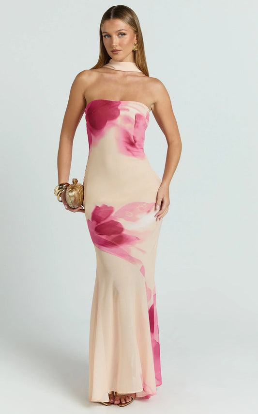Angie Maxi Dress - Strapless Bias Column Dress with Scarf in Electric Bloom Lemon