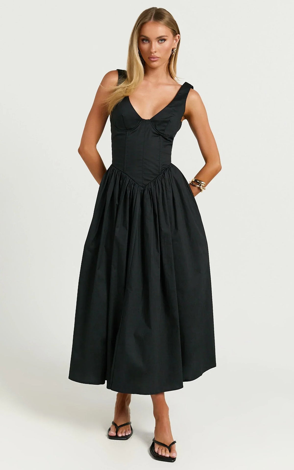 Beckett Midi Dress - Scoop Neck Drop V Waist Gathered Skirt Dress in Black