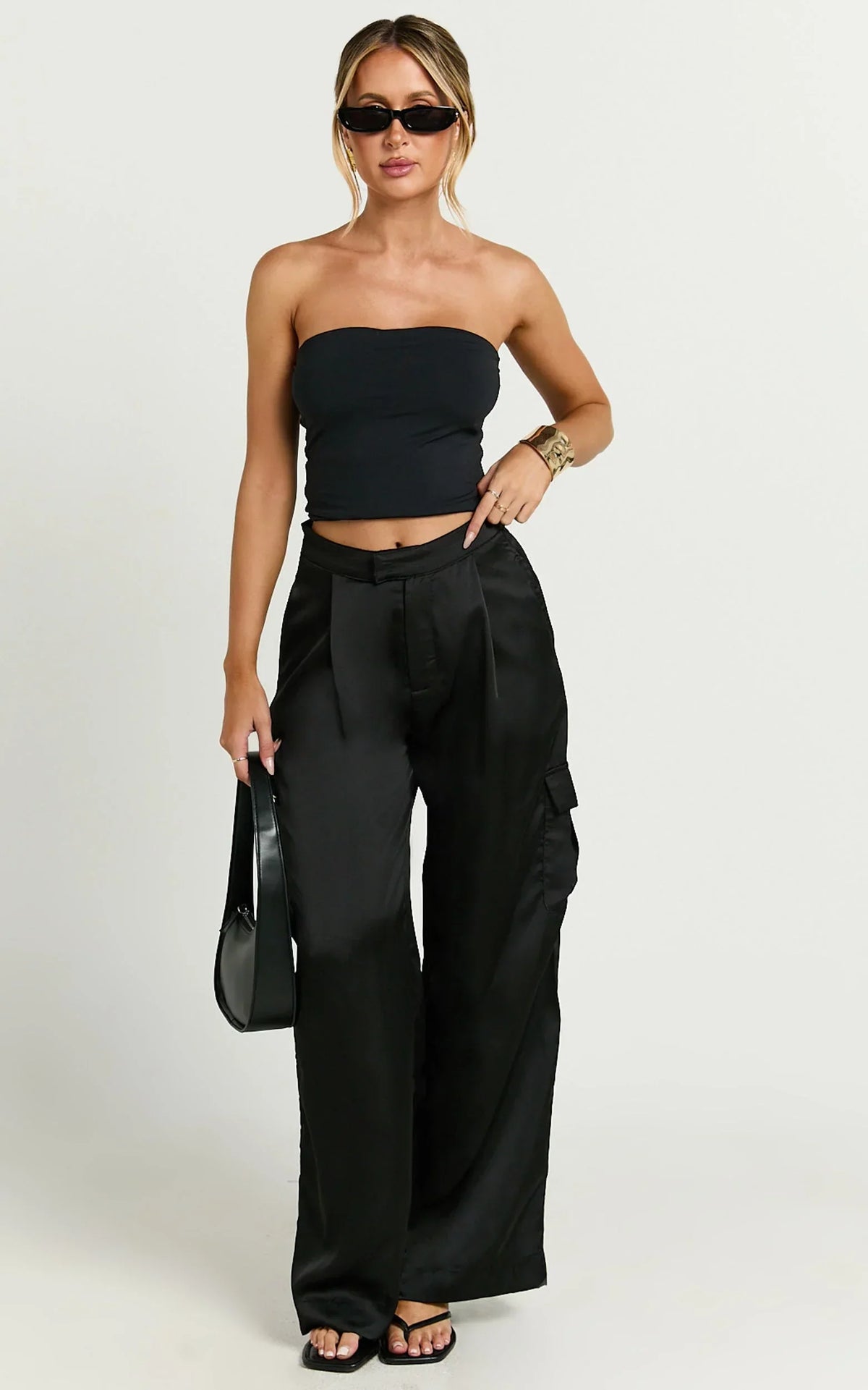 Amie Pants - High Waist Satin Tailored Cargo Pants in Black
