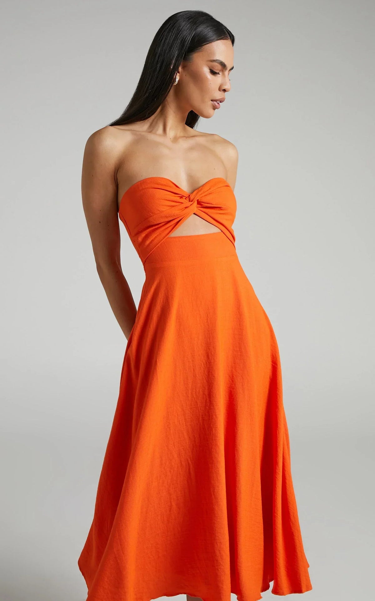 Avie Midi Dress - Twist Strapless Cocktail Dress in Orange