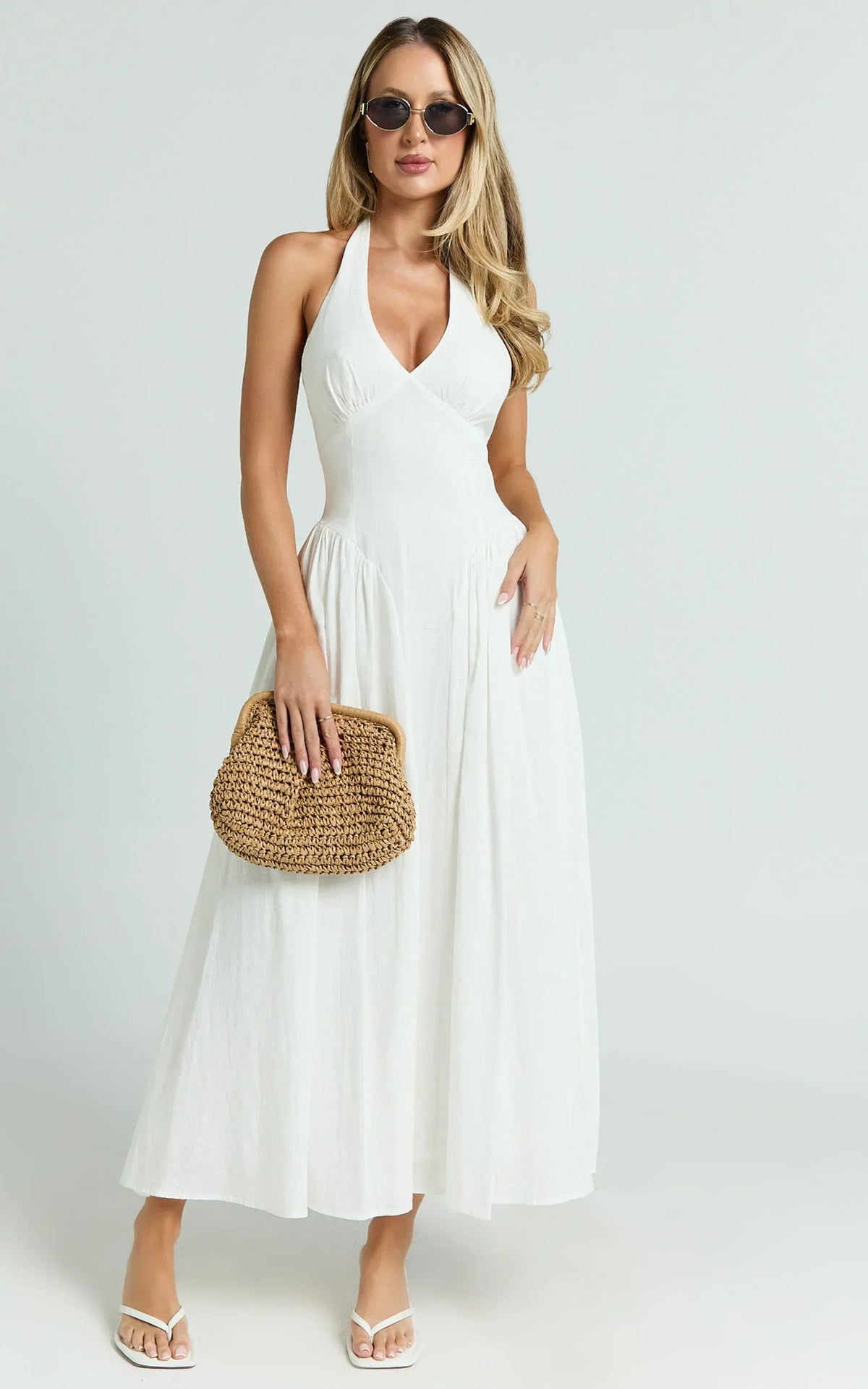 Athena Midi Dress - Halter Drop Waist Dress in White