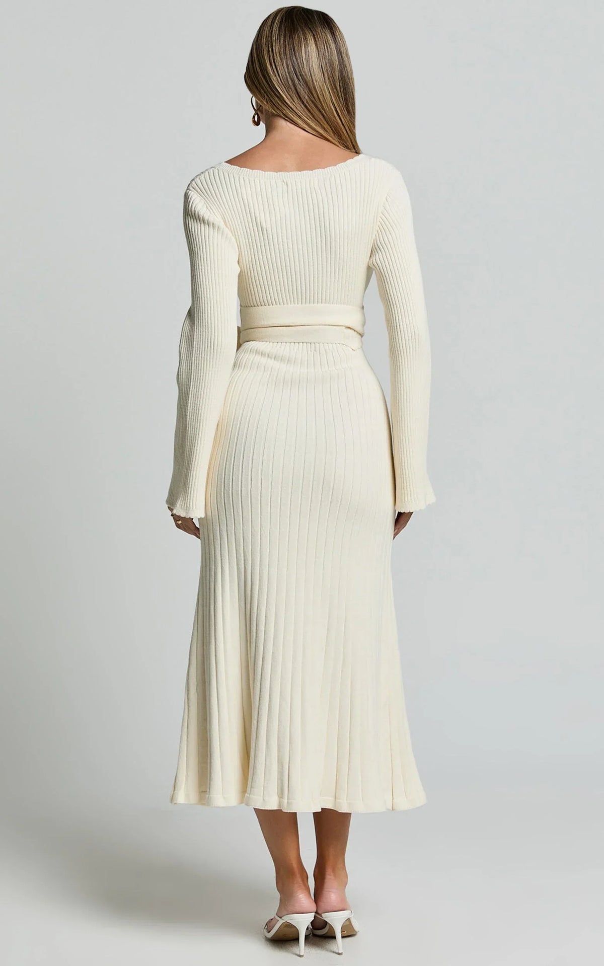 Andreia Midi Dress - Knitted Wrap Long Sleeve Dress in Cream