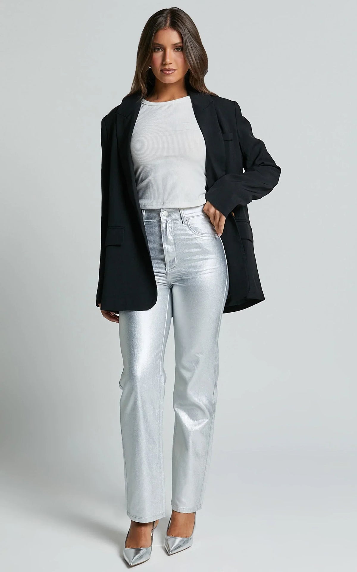 Addison Jeans - High Waisted Metallic Jeans in Silver