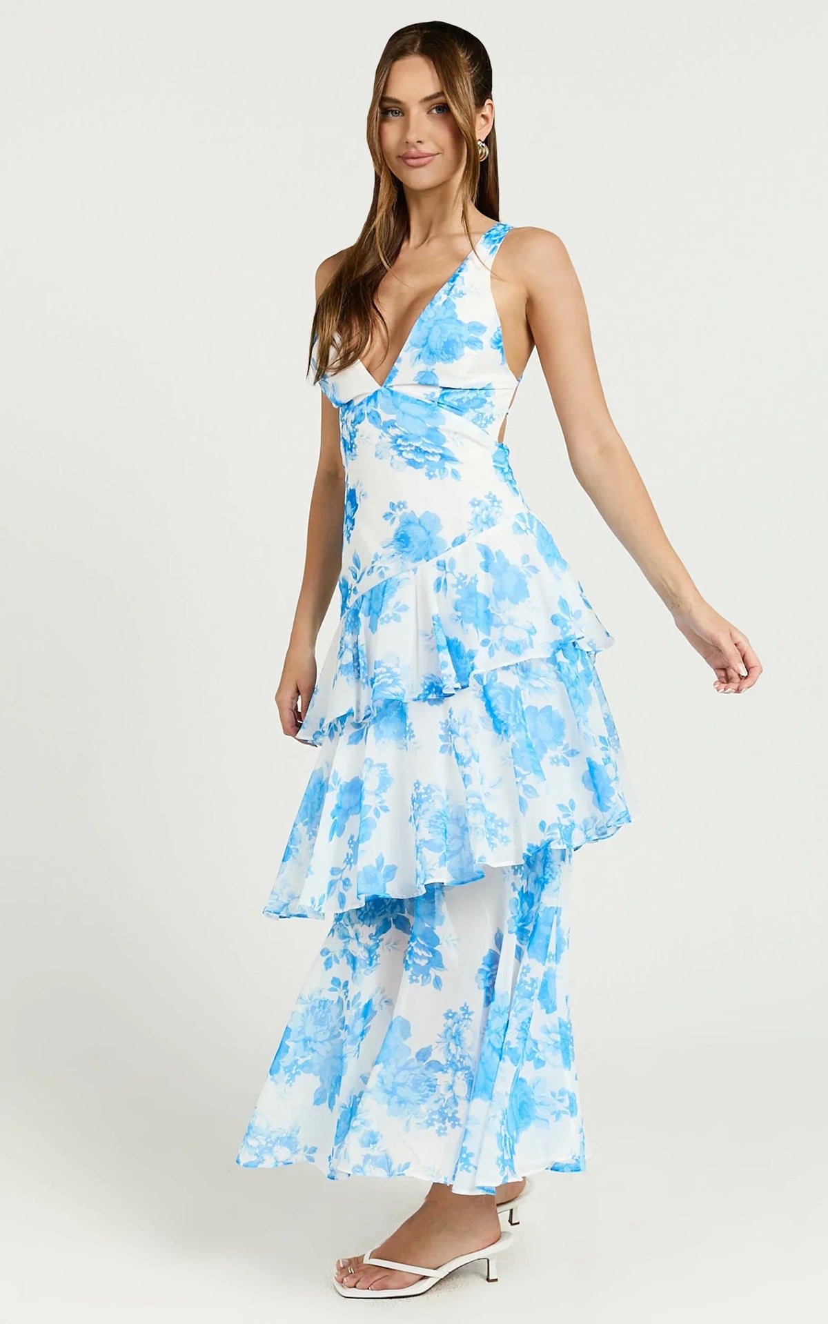Beryl Midi Dress - Deep V Neck Sleeveless Layered Dress in Blue Floral