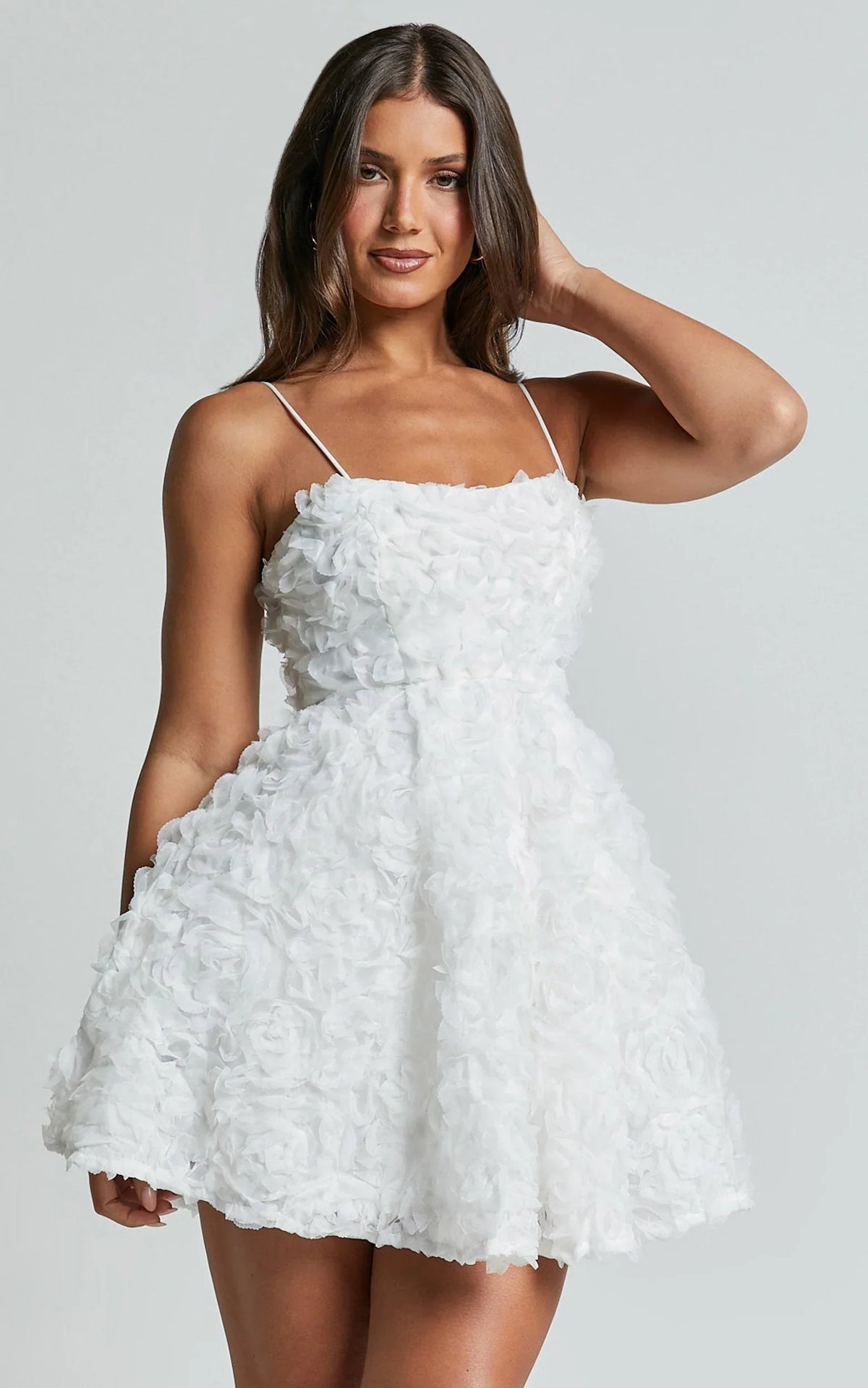 Alvia Mini Dress - 3d Flower Full Skirt Dress in White