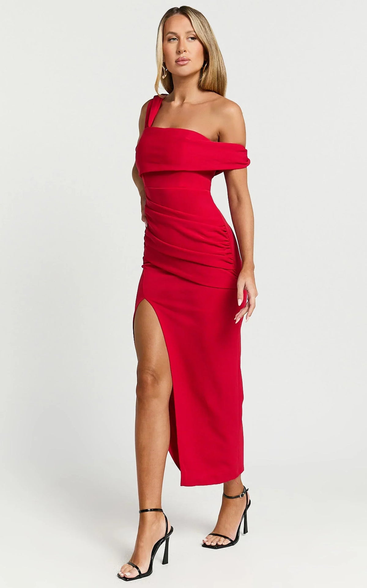 Almaida Midi Dress - Off Shoulder Ruched Side Dress in Red