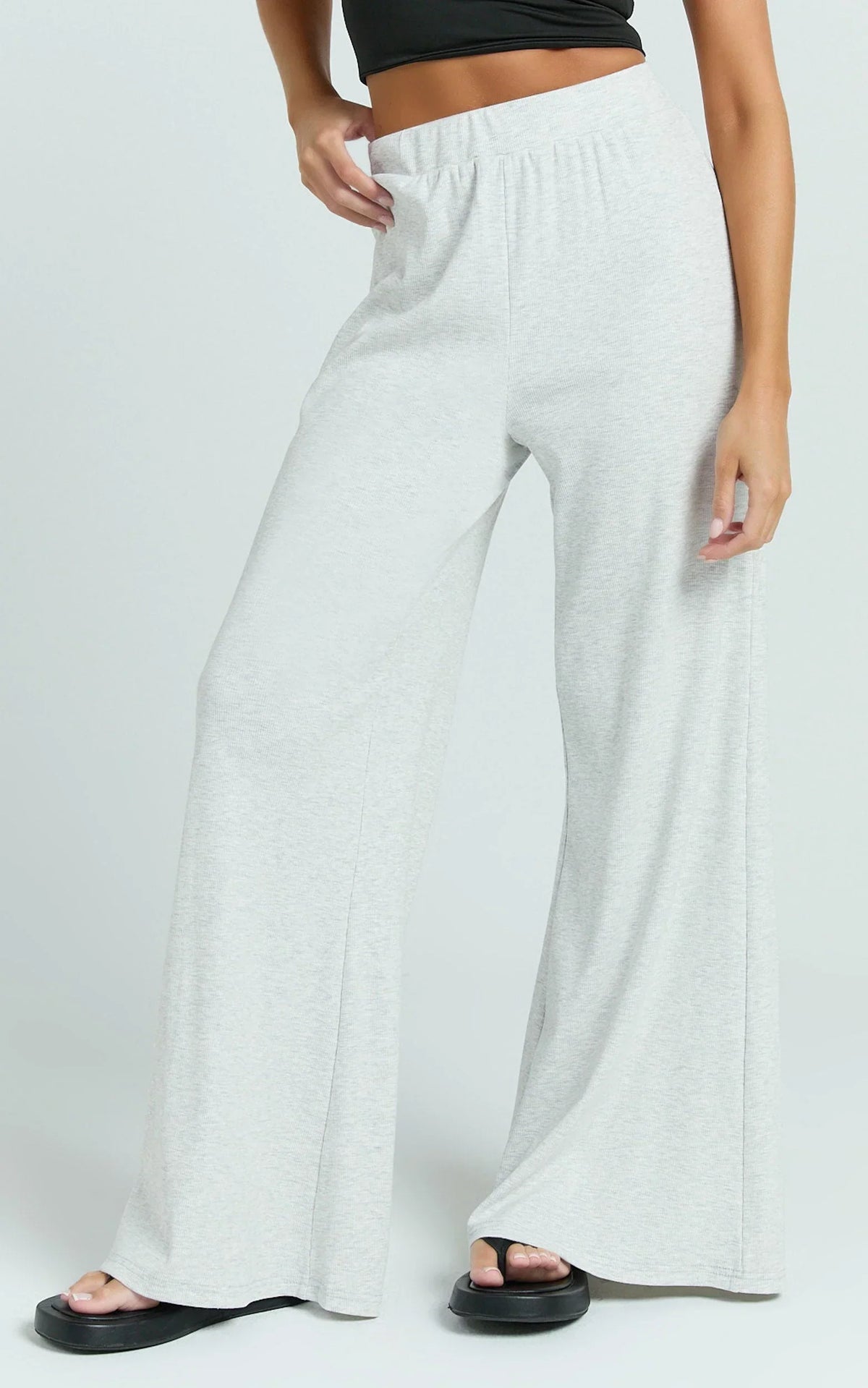 Amalthea Pants - High Waisted Jersey Rib Wide Leg Pants in Light Grey Marl