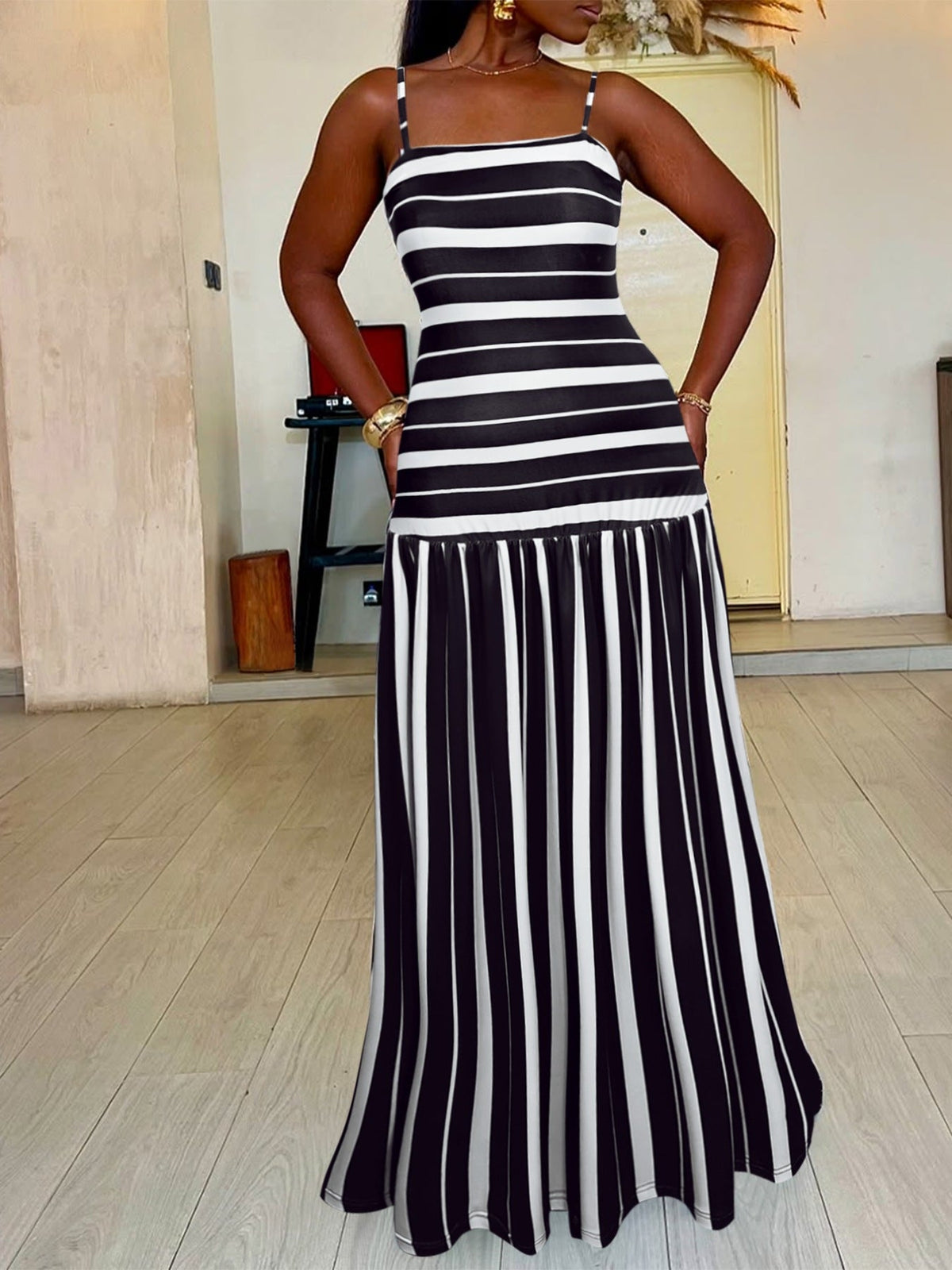 Plus Size Striped Spaghetti Strap Maxi Dress