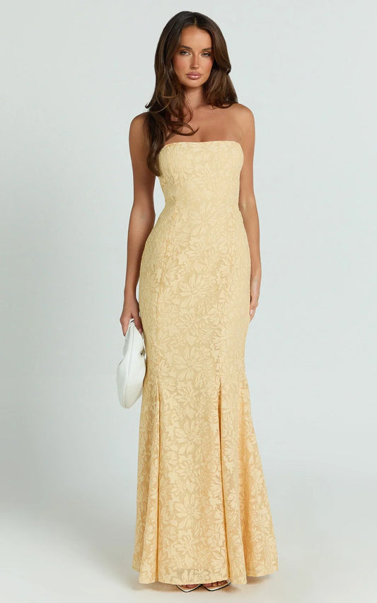 Belrose Maxi Dress - Jacquard Square Neck Fit And Flare Dress in Yellow