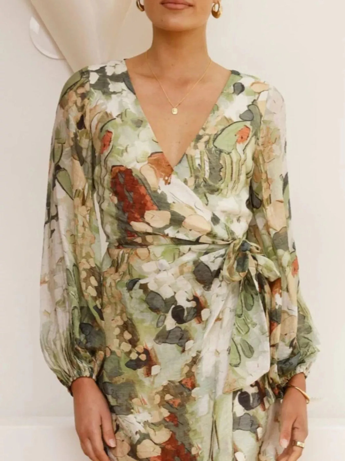 Surplice Long Sleeve Tie Waist Dress