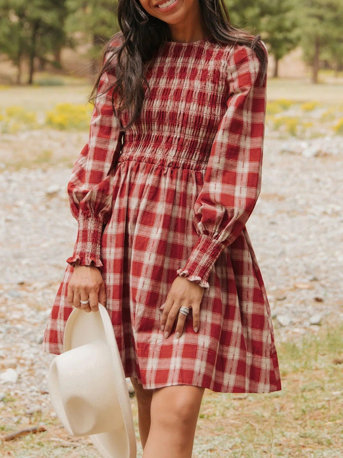 Plaid Print Smocked Puff Sleeve Mini Dress