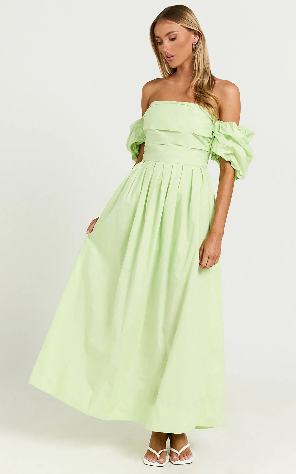 Annie Midi Dress - Off The Shoulder Ruffle Sleeve Pleated Dress in Lime