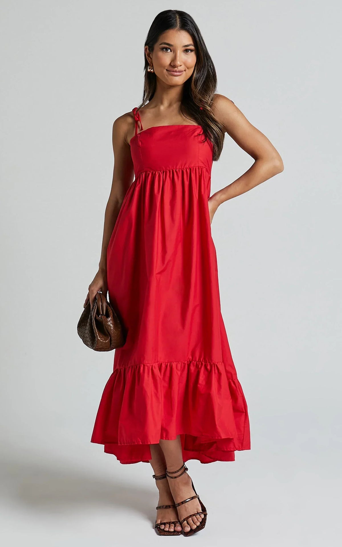 Aveiro Midi Dress - Straight Neck Shoulder Tie High Low Ruffle Hem in Red
