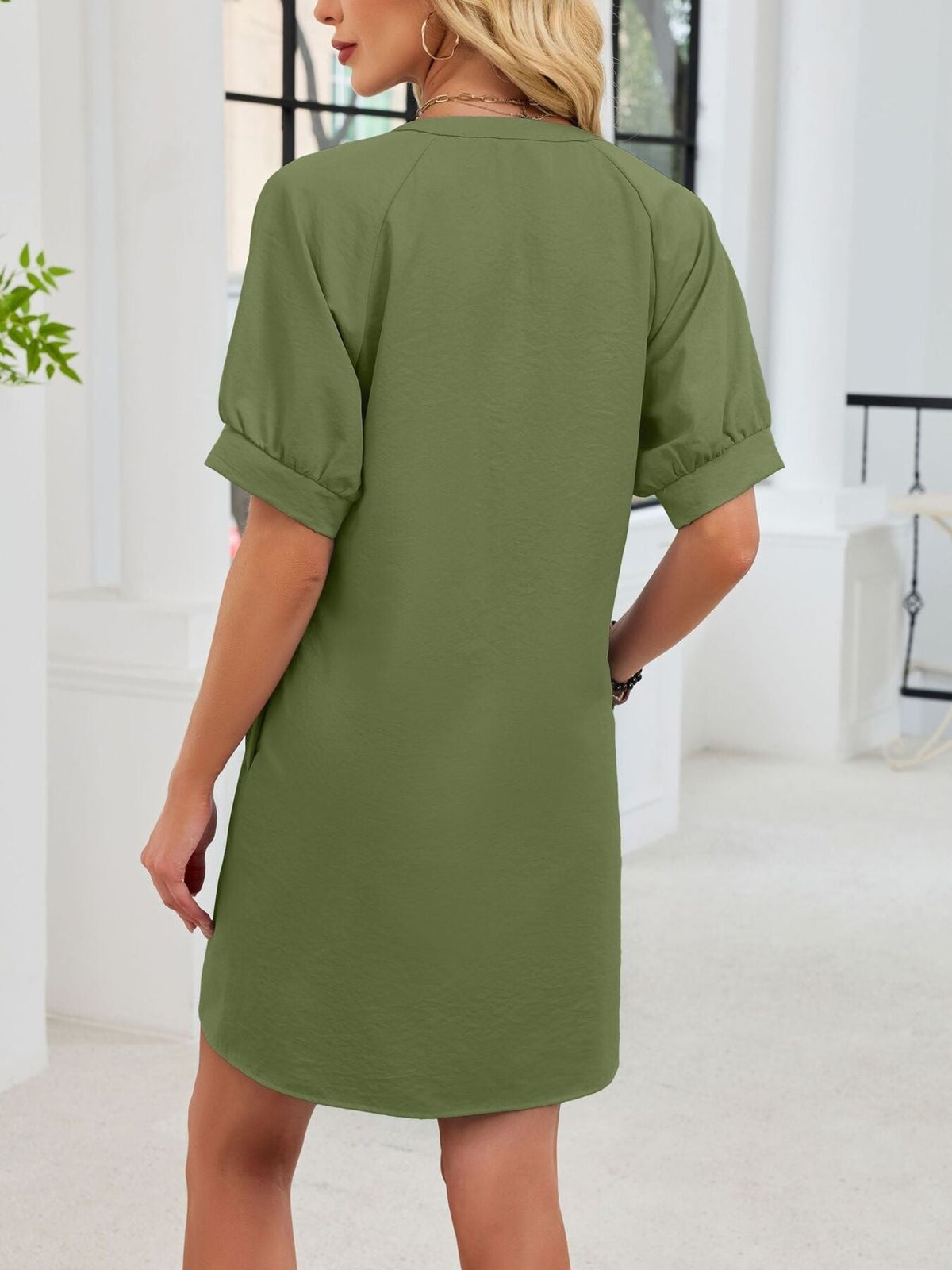 Notched Short Sleeve Tie Waist Dress
