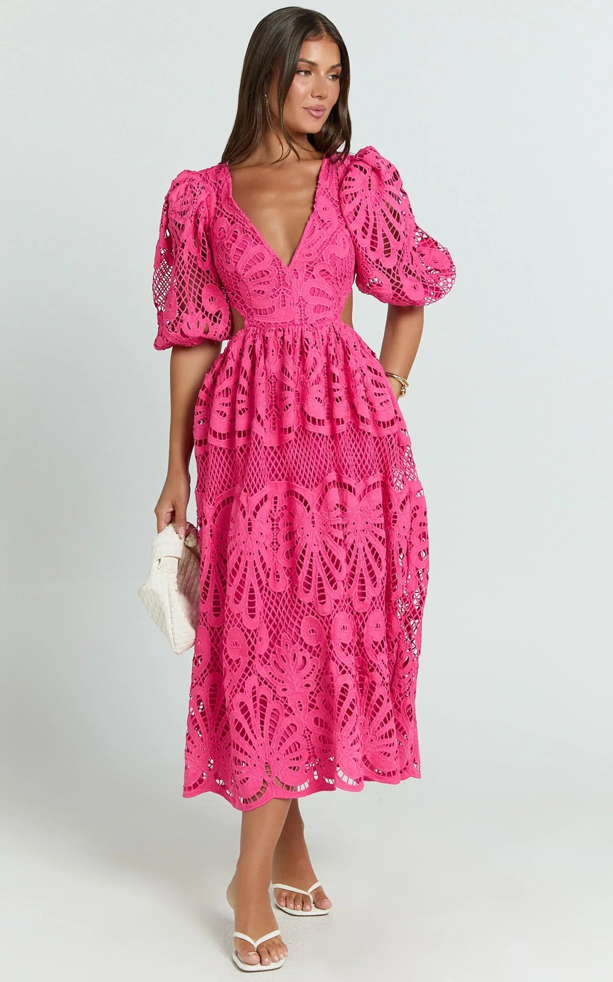 Anieshaya Midi Dress - V Neck Cut Out Lace Dress in Pink