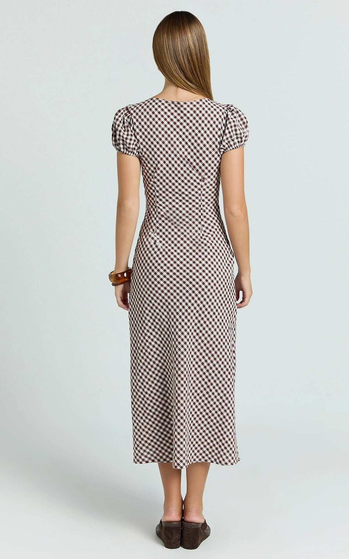 Bernice Midi Dress - Gingham Scoop Neck A Line Dress in Chocolate Gingham