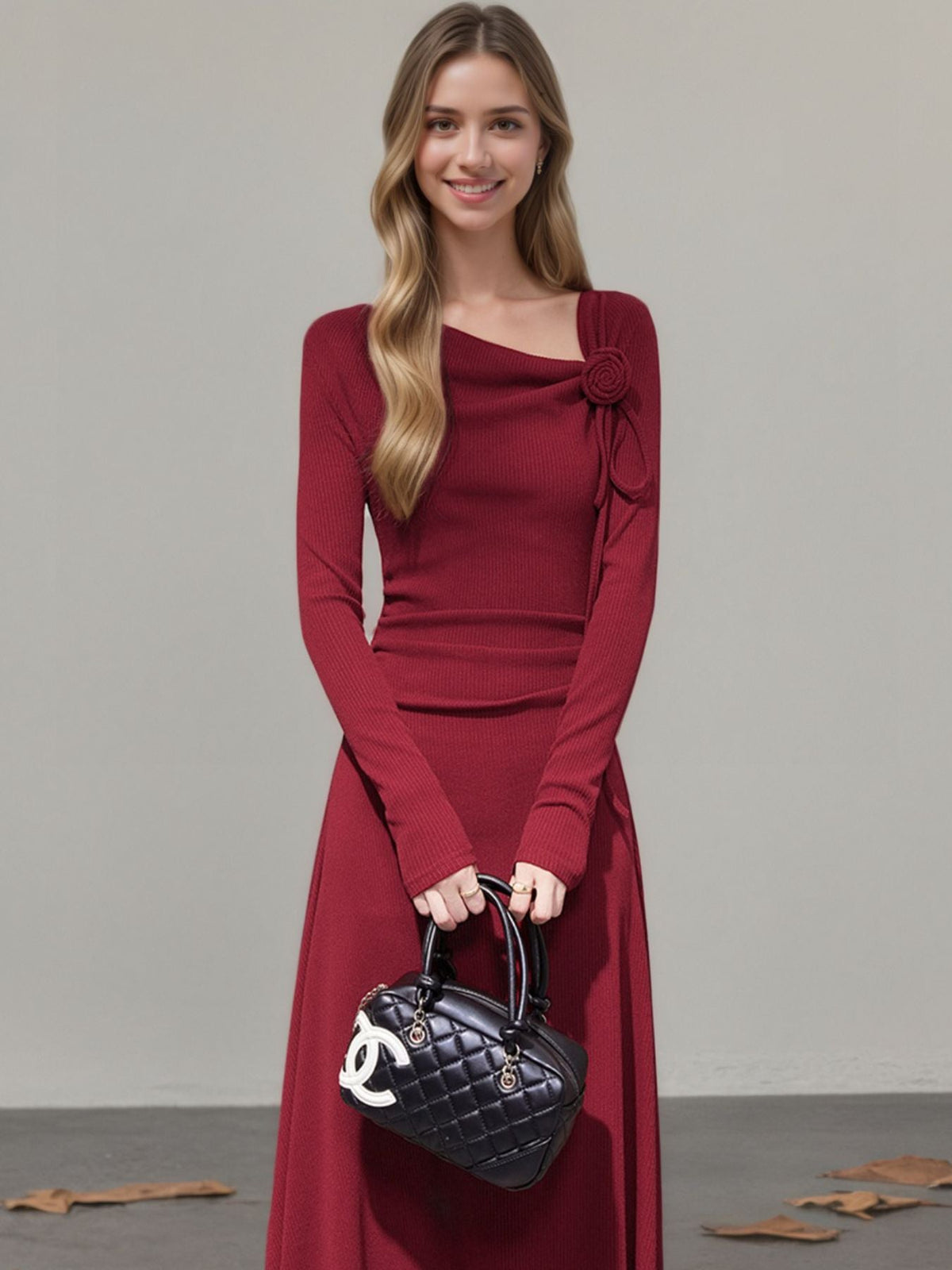 Flower Asymmetrical Neckline Long Sleeve Dress