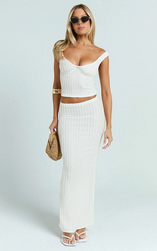 Billie Maxi Skirt - Column Textured Jersey Skirt in Off White