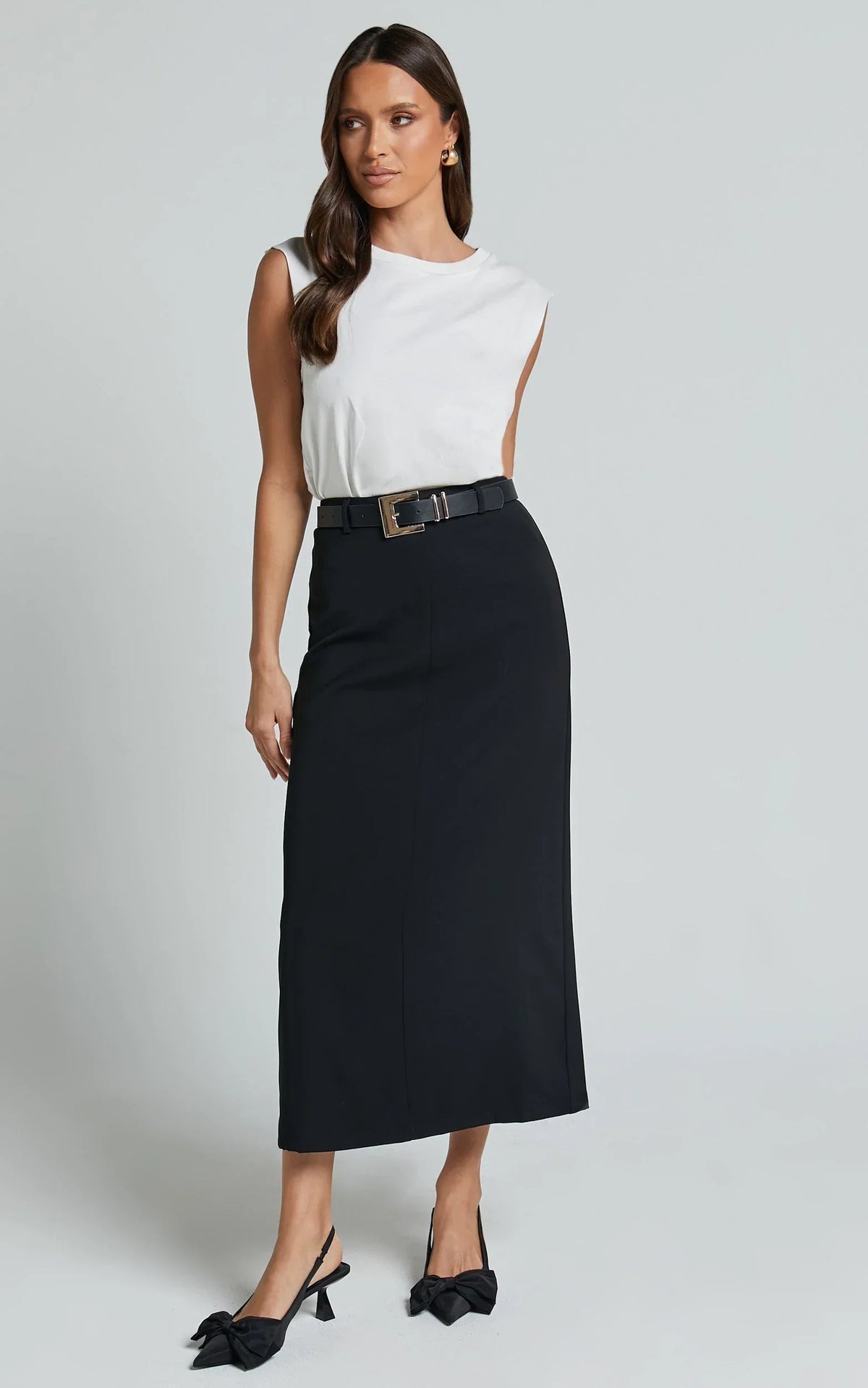 Alanna Midi Skirt - High Waisted Back Split Pencil Skirt in Black