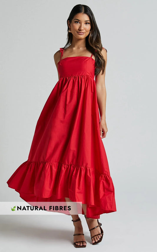 Aveiro Midi Dress - Straight Neck Shoulder Tie High Low Ruffle Hem in Red