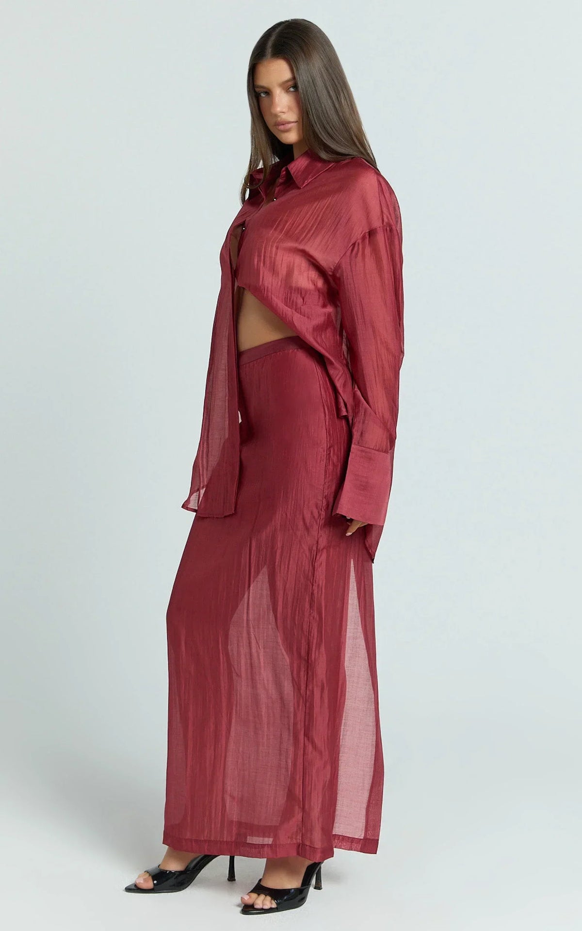 Amalia Top - Sheer Concealed Placket Collared Shirt in Cherry