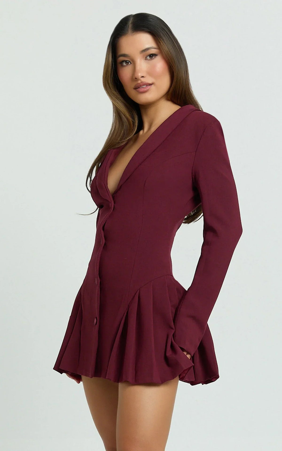 Bea Mini Dress - Collared Long Sleeve Fit And Flare Pleated Dress in Wine