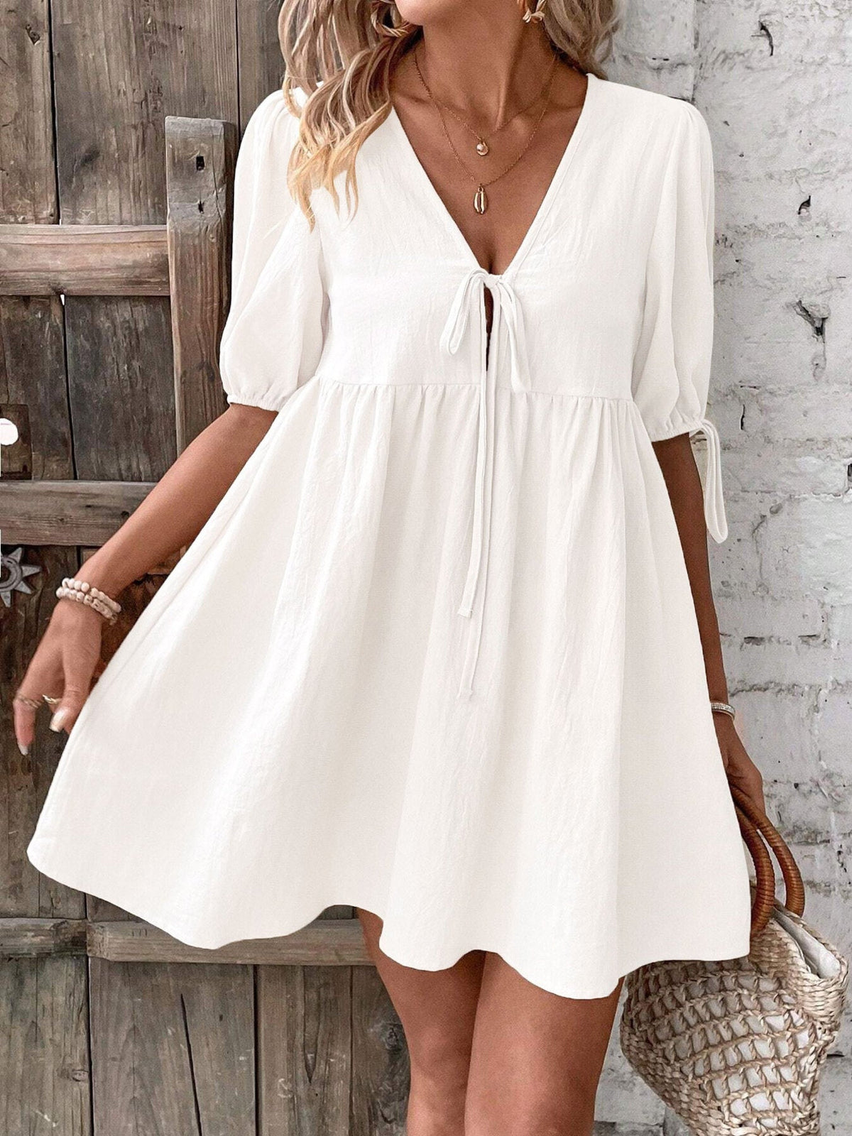 Tie Front Puff Sleeve Mini Dress