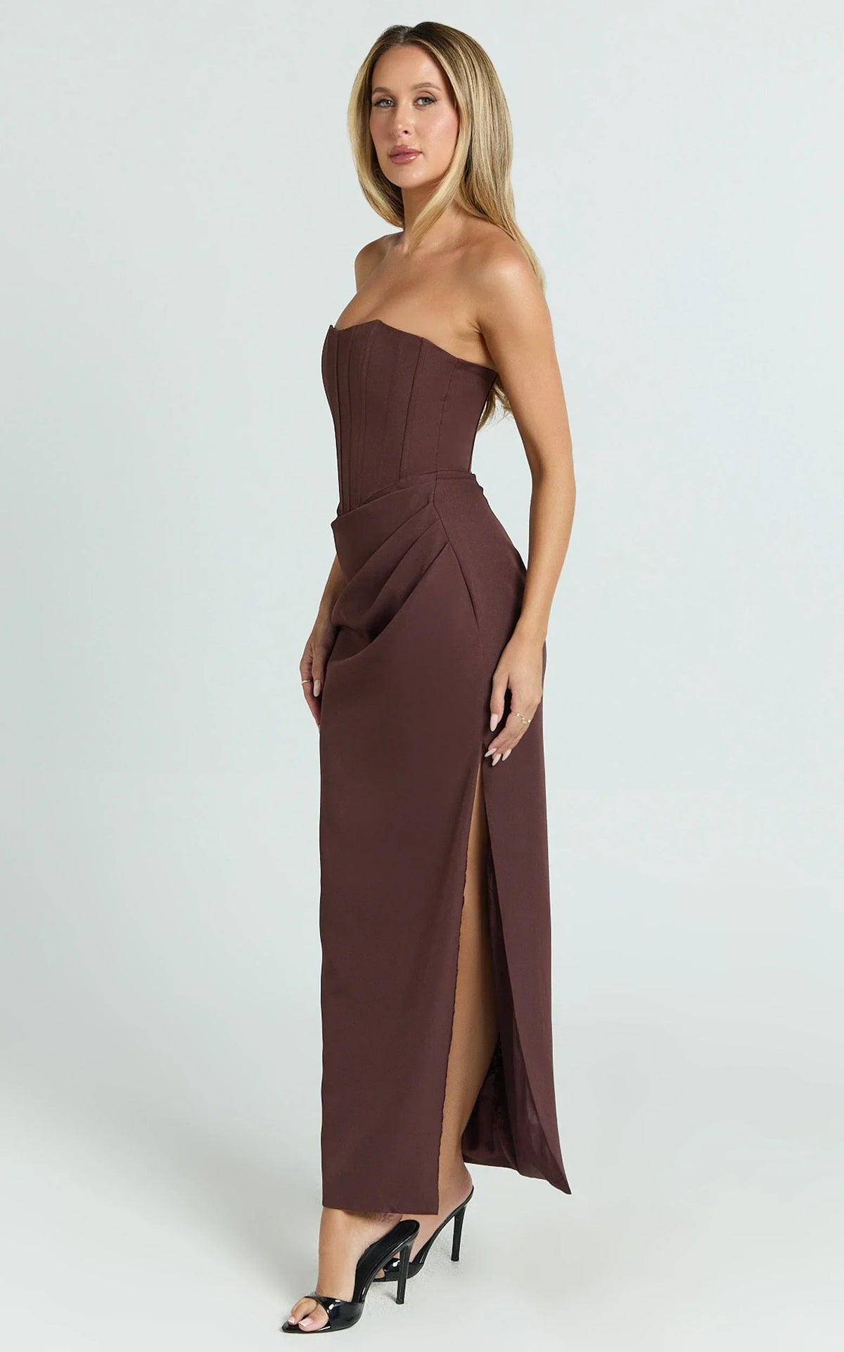 Avery Midi Dress - Strapless Draped Side Split Dress in Chocolate