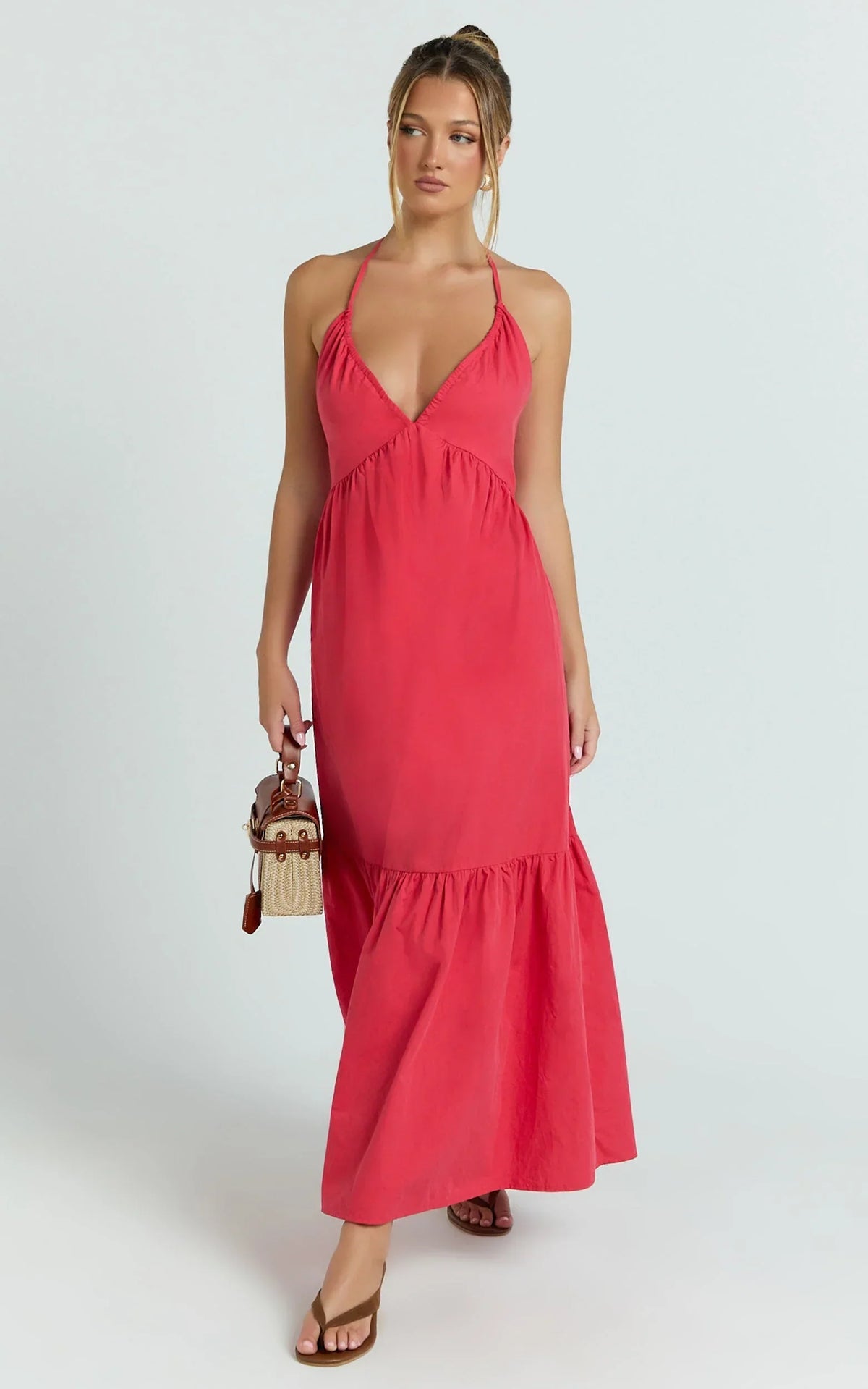 Augusta Midi Dress - Gathered Halter Neck Tiered Midi Dress in Red