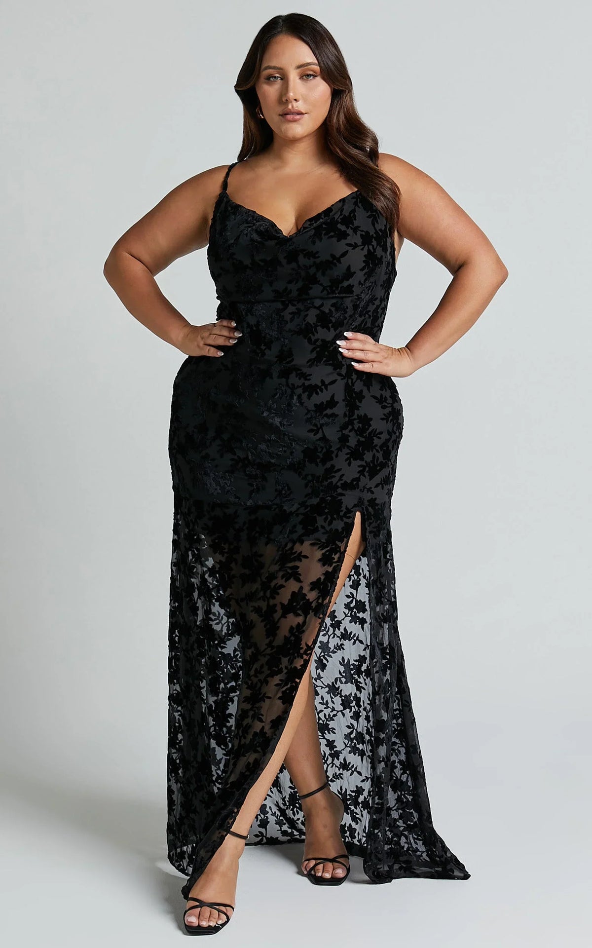 Aletta Maxi Dress - Cowl Cross Back Dress in Ebony Burn Out Floral