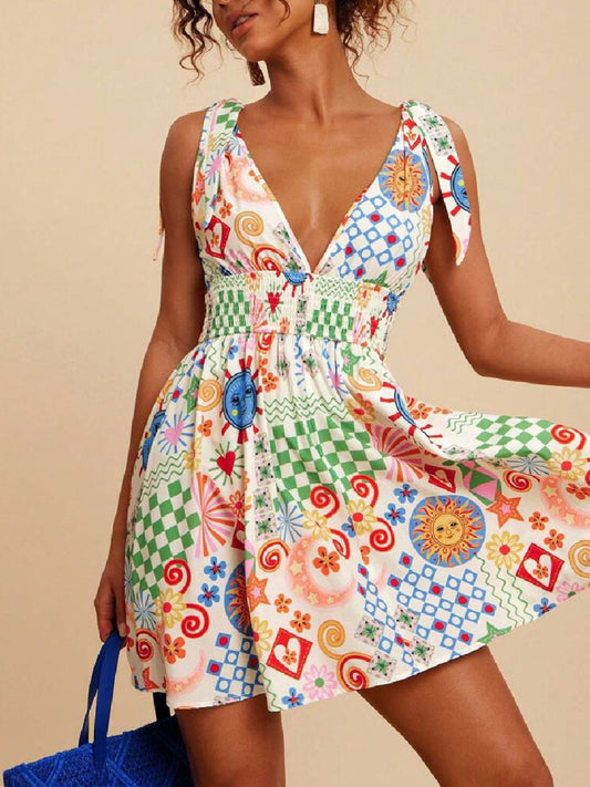 V-Neck Sleeveless Smocked Waist Printed Mini Dress