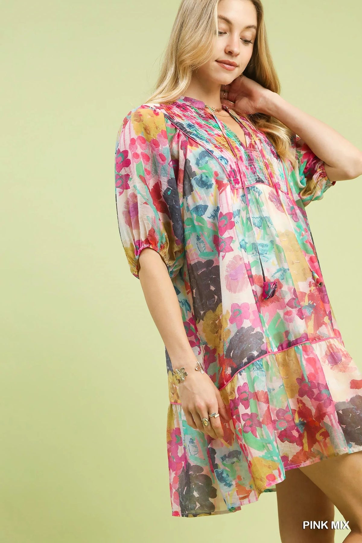 Umgee Mix Watercolor Floral Babydoll Dress