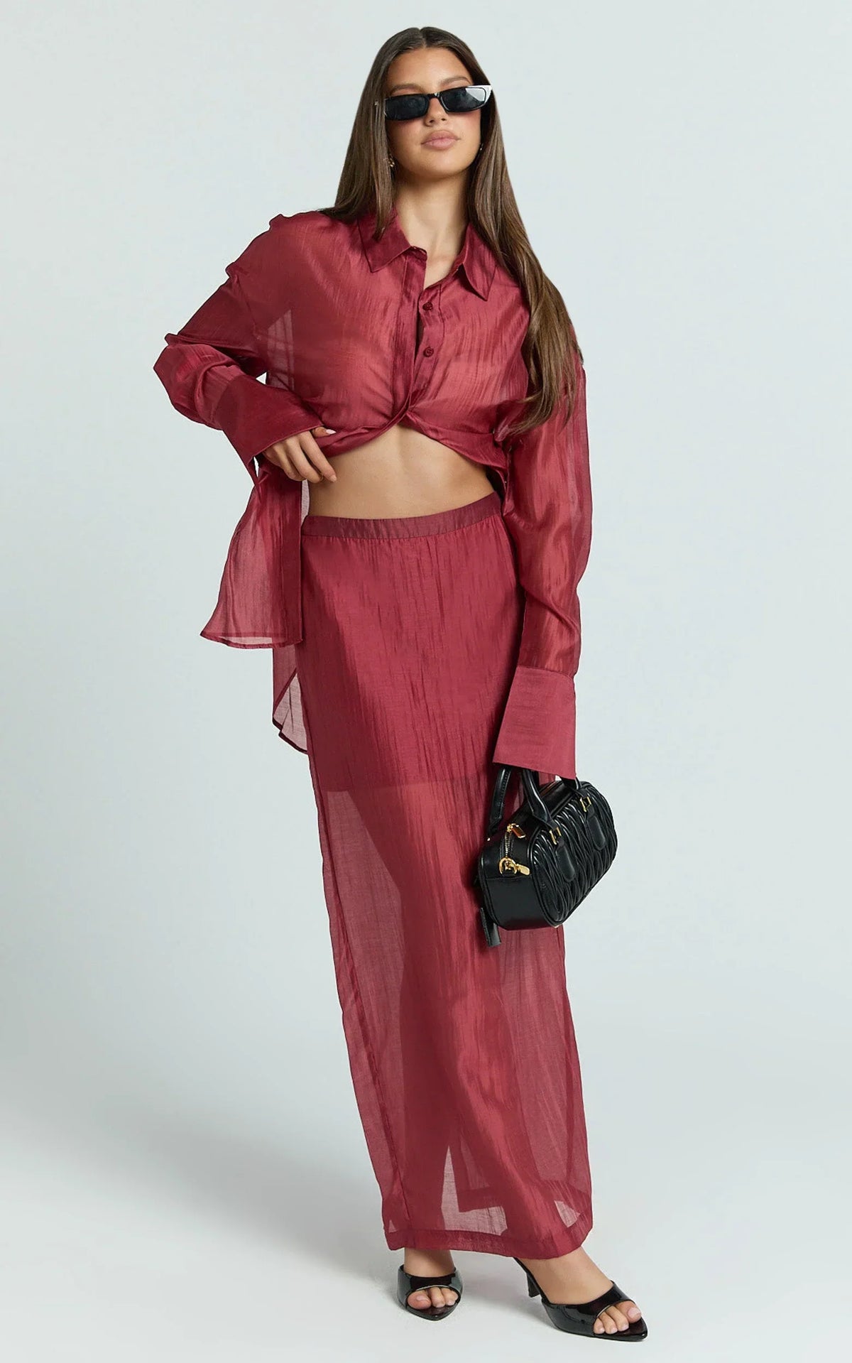 Amalia Top - Sheer Concealed Placket Collared Shirt in Cherry
