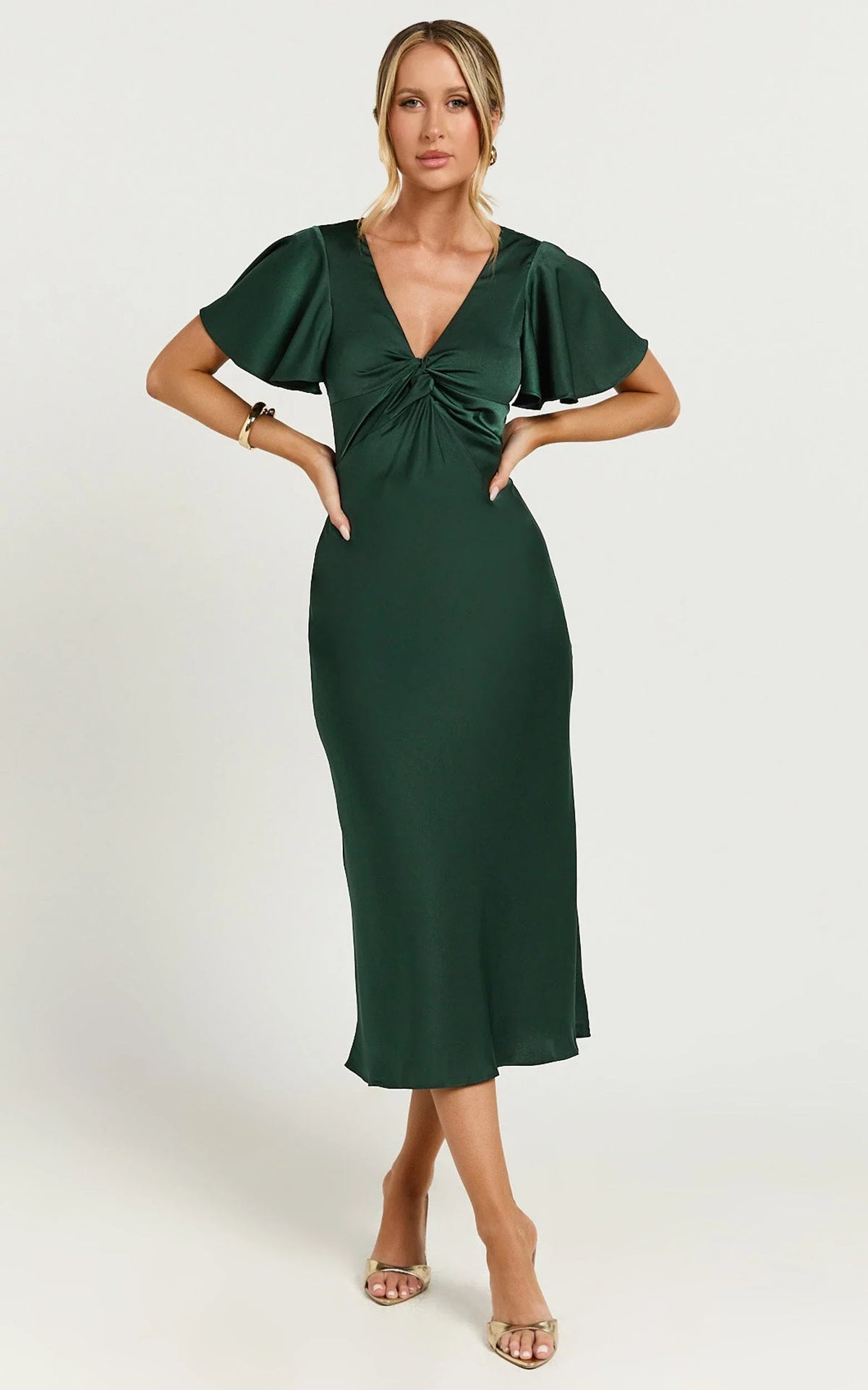 Amartina Midi Dress - V Neck Twist Bodice Flutter Sleeve Dress in Forest Green