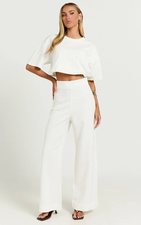 Aileen Pant - High Waisted Tailored Wide Leg Pant in White